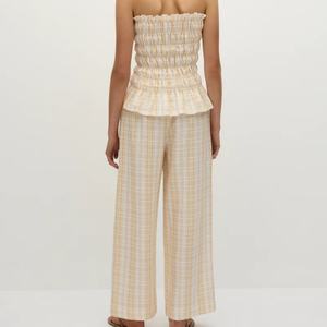 Conjunto de Dos Piezas para Mujer, Estilo Casual, Primavera-Verano, Pantalones Anchos de Lino y Algodón con Estampado Sólido y Top sin Tirantes con Fruncido - Product Image 3