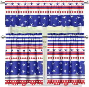 Ensemble de rideaux à volants pour cuisine, thème Fête de l'Indépendance, motif étoile patriotique pour le Memorial Day, 3 pièces, pour petites fenêtres de café - Product Image 1
