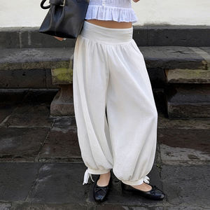 Pantalones Harem de Verano de Poliéster Transpirable de Color Liso con Ajuste Relajado, Cintura Elástica Baja y Puños en los Tobillos, Estilo Drapeado para Streetwear - Product Image 3