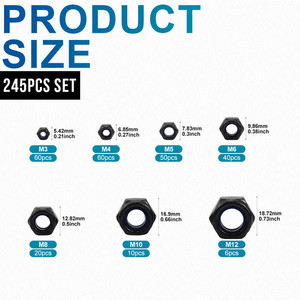 Vente en gros à prix d'usine : Kit de 245 écrous autobloquants en acier au carbone oxydé noir DIN985 M3-M12 avec insert en nylon - Product Image 4
