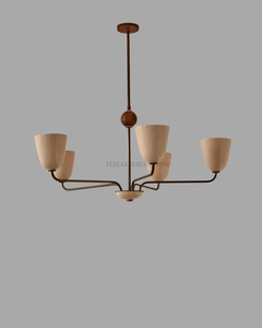 Lustre LED italien élégant de style Mid-Century Modern en laiton, 5 lumières, abat-jour crème, hauteur réglable, protection oculaire, pour salon - Product Image 3