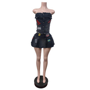 GX8656 Mode Kleidung Verkäufer Frauen Sexy Street Wear Denim Tube Tops und A-Linie Jeans Minirock 2-teiliges Set - Product Image 2