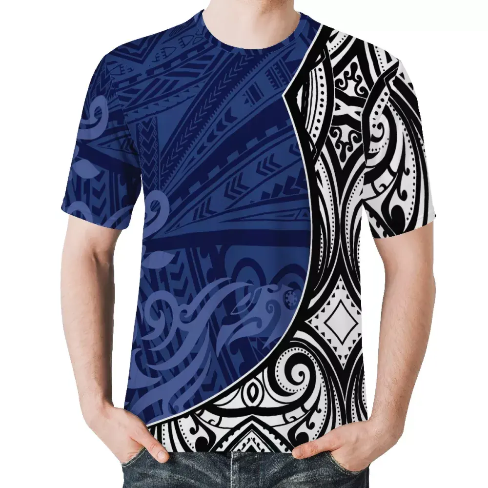 Factory Outlet großes T-Shirt Polynesian Tribal Rundhals ausschnitt Kurzarm Blau und Weiß Tattoo Designs T-Shirt Drop Versand