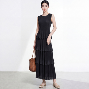 Women's Casual Sleeveless Pleated Midi <b>Dress</b> Set Black Crew Neck Elegant Solid Ankle-Length Skirt Regular Fit <b>All</b> Seasons - Product Image 4