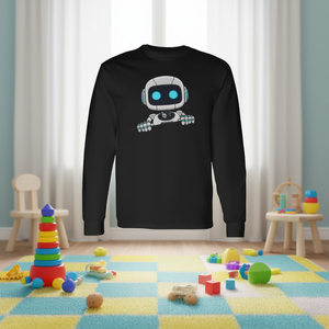 T-shirt à manches longues avec visage de robot mignon pour enfants, design de robot AI, en coton noir, unisexe - Product Image 3