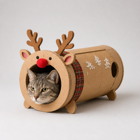 Tunnel pour chat en carton ondulé, motif renne de Noël avec écharpe à carreaux et trou de surveillance