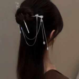 Horquillas de aleación con doble flor, borlas y perlas, soporte para moño, joyería para el cabello, horquillas estilo chino con diseño de abanico, accesorios para el cabello Cheongsam - Product Image 5