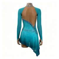 Robe de patinage artistique turquoise à manches longues avec strass et maille pour compétition et performance (adultes et enfants)