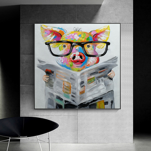 Mintura fait à la main toile peintures à l'huile personnalisé en gros maison décorative Pop Art décoration murale journal lecture <span class=keywords><strong>cochon</strong></span> dessin animé - Product Image 2