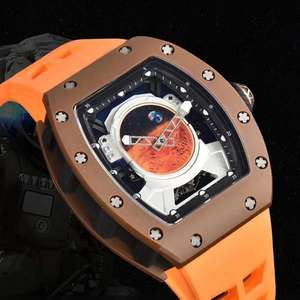 Montre mécanique automatique Mars Dial pour hommes, boîtier en fibre de carbone marron, montre-bracelet de sport de luxe, étanche, bracelet en caoutchouc orange - Product Image 3