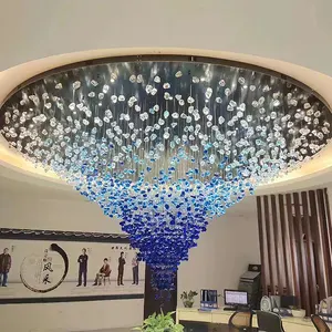 SHENGQIU fabrika fiyat buz Modern büyük dekoratif mavi cam avize kristal taşlar kolye işık için yüksek tavan Bar Villa