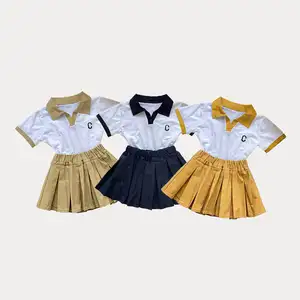 女の子服セットレタースプライス半袖ソリッドプリーツスカートサマーガールズカジュアル半袖ツーピースセット