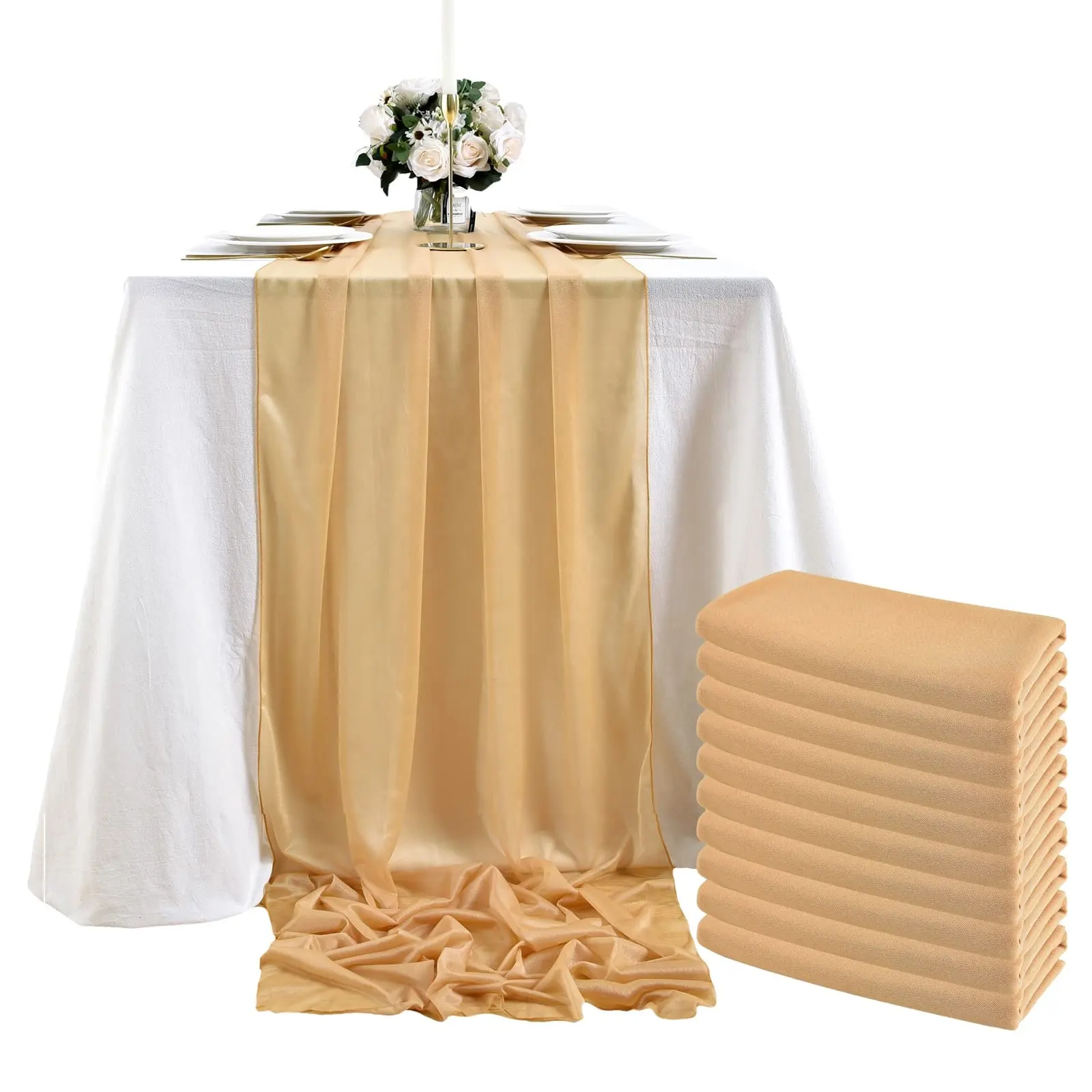 Hot Sales Champagne Gold Chiffon Table Runner 10ft Sheer Table Runners for Wedding Bridal & Baby Shower Decorations