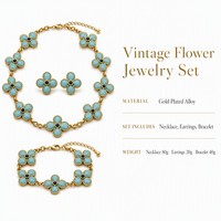 Ensemble Collier, Boucles d'Oreilles et Bracelet Fleur Opale Plaqué Or Style Médiéval Vintage en Alliage 80G 20G 40G