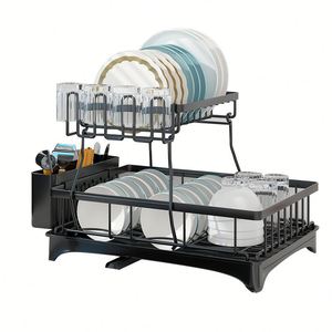 Support de séchage et d'organisation 2 niveaux pour vaisselle, bols et baguettes, pour comptoir de cuisine et table, avec égouttoir et étagère de rangement - Product Image 1