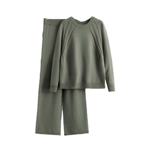 Pantaloni autunno inverno in maglia tinta unita da donna in maglia pesante a costine calducia rilassata abbigliamento da casa minimalista due pezzi coordinati - Product Image 6