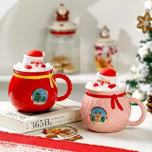 400ml Merry Christmas Gifts Cartoon Cute Santa Claus Lucky Bag Shape Clay and Ceramic Coffee Tea Cup Mug