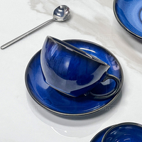Tasses et soucoupes à café en porcelaine bleue glaçure réactive personnalisée tasse à espresso italienne vintage faite à la main avec soucoupe pour la fête