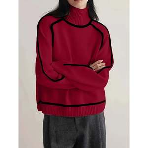 Pull à col roulé avec bordure contrastée, couleur olive brun, taille S, pulls pour femmes - Product Image 3