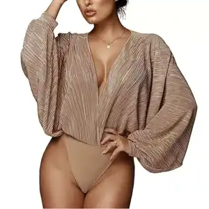 Batwing Blouse Long Sleeve V Neck Pleated Loose Bodysuits Tops Leotard Shirts Sexy Chiffon Casual Sexy Women's Blouses