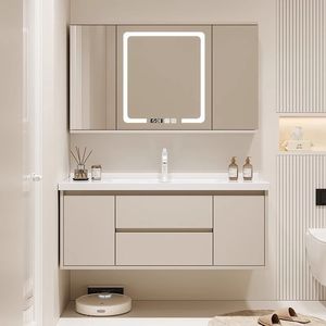Mueble de Baño Color Crema con Espejo, Lavabo Integrado de Cerámica, Gabinete de Almacenamiento Inteligente para Baños Modernos - Product Image 2