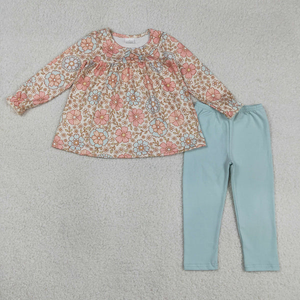 Ensemble de vêtements pour bébés filles, tunique à fleurs à manches longues, pantalon bleu, ensemble de vêtements - Product Image 1