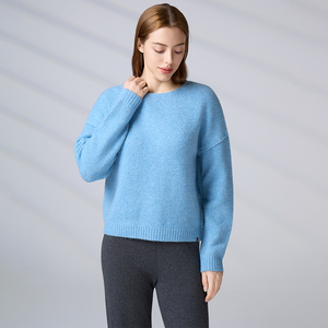 Women's Crewneck Knit <b>Pullover</b> <b>Sweater</b> Wool Blend Soft Long Sleeve Casual Solid Light Blue Knitwear for Autumn Winter - Product Image 3