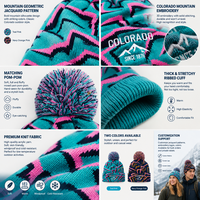 Bonnet en tricot unisexe personnalisé avec pompon géométrique jacquard Montagne du Colorado, logo brodé 3D, revers, pour l'hiver, le ski et les activités de plein air