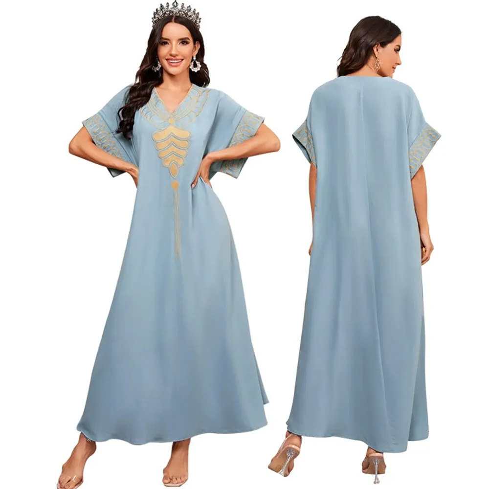 Gaun lengan pendek, baju Jumpsuit Muslim kasual mode baru, gaun lengan pendek leher V rendah Abaya Dubai