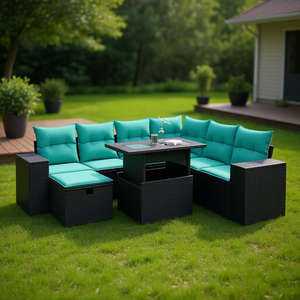 8 Piece Black Poly <b>Rattan</b> Garden <b>Sofa</b> Set With Cushions Outdoor Furniture Contemporary Style - Product Image 2