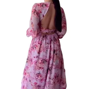 2024 Wholesale Sweet Floral Printed V-neck Long Sleeve Backless For Vacation Maxi Dress
