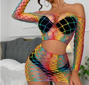 Hot Selling Nylon Rainbow Colorful Fishnet Short Bodycon Lingerie Sexy Hollow Out 2 Piece Fishnet Body stocking Women