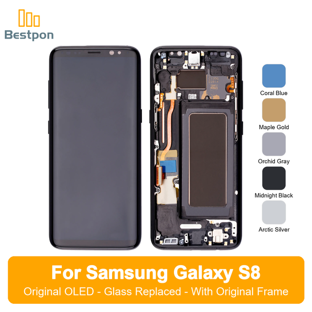 Replacement for Samsung Galaxy S8 OLED Screen Assembly, Original Panel + Glass-Replaced, With Original Frame, Grade a