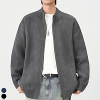 Cardigan Homme OEM ODM, Cardigan Décontracté Oversize en Maille Épaisse, Fermeture Éclair Intégrale, Col Montant, Épaules Tombantes, Coupe Ample, Manteau Cardigan