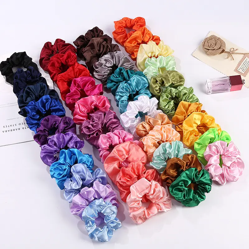 Yucat toptan kadınlar katı renk saç Scrunchies aksesuarları kumaş elastik bant saç bağları özel saten Scrunchies kızlar için