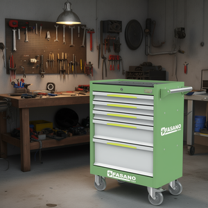 Chariot à outils Fasano Tools à 5 tiroirs, armoire de rangement roulante verte pour atelier - Product Image 3