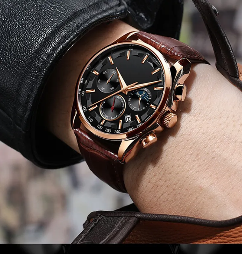 2022 fashion rose gold luxury brand brushed effect watch case men stainless steel chronograph quartz wrist watches