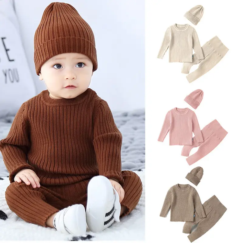 Preço de fábrica Bebê Outono Inverno Underlay Sweater Boutique Sólidos Baby Knit Sweater Três Peças Conjunto Com Chapéu