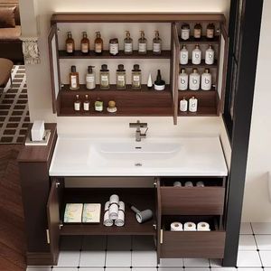 Meuble de salle de bain en chêne avec vasque intégrée en céramique, vasque intelligente, combinaison meuble-lavabo et miroir - Product Image 4