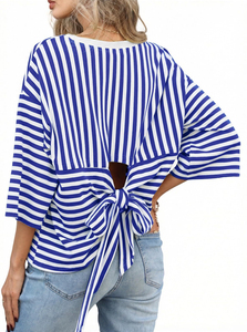 Camiseta de Punto a Rayas para Mujer, Hombros Caídos, Manga Tres Cuartos, Cuello Redondo, Corte Holgado, Informal, para Primavera y Verano - Product Image 4