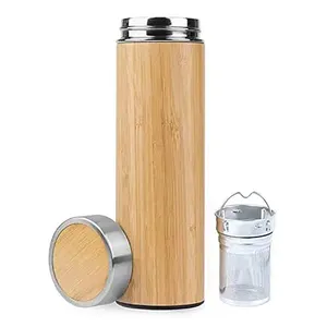 custom logo leak proof 500ml stainless steel double wall wooden insulated thermos bamboo water bottle with filter