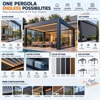Pergola bioclimatique autoportante entièrement fermée en aluminium, toit à lames motorisées avec murs vitrés coulissants pour jardin de villa