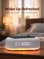Jam Alarm Pengisi Daya Nirkabel 6 in 1, Speaker, Alas Pengisi Daya Cepat 15W, Lampu Malam RGB