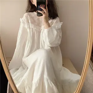 Yeni varış sonbahar beyaz dantel pamuk kadın Vintage uzun Nightgowns pijama zarif kadın gece elbisesi ev giyim kadınlar için