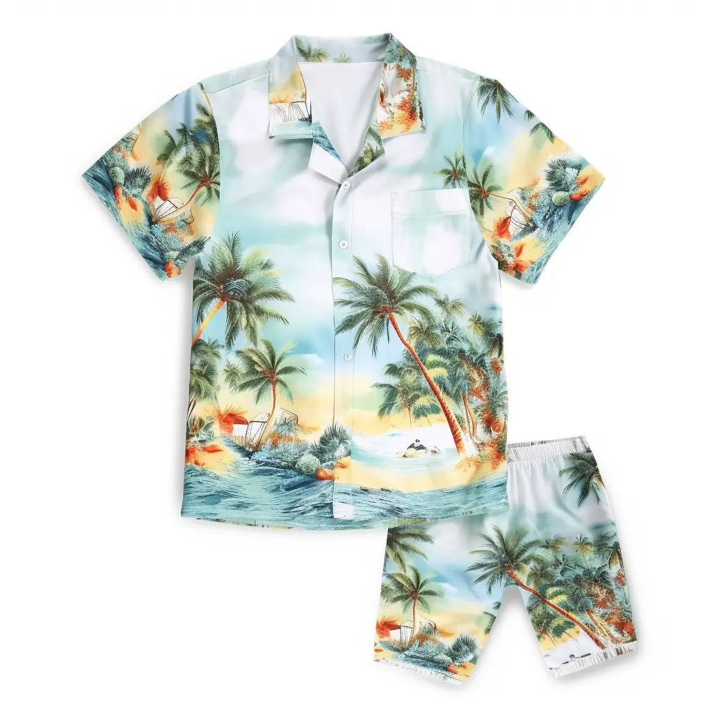 Wholesale High Quality Mens Beach Wear Plus Size 3d Printed Cartoon Hawaiian Shorts Shirts Sets With Palm Trees