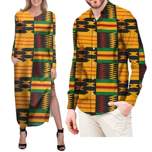 Conjunto de vestidos maxi para mulheres, rosa, amarelo, kente olola, africano, camisa para homens, logotipo personalizado