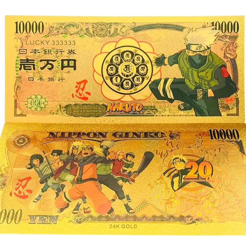 14 tipi di Anime giapponesi Uzumaki NARUTOES 10000 yen banconote fortunate in oro per carte da collezione di memoria per bambini classici