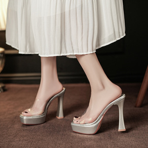 9696D Transparent Heeled Slides <b>Platform</b> Chunky <b>Heel</b> <b>Open</b> <b>Toe</b> Waterproof Summer Shoes - Product Image 2