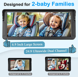 Monitor de Bebé para Auto con Doble Lente, Pantalla Ancha de 6.9 Pulgadas, Visión Nocturna HD IR, Cámara para Auto para Monitoreo de Seguridad de Dos Niños - Product Image 3
