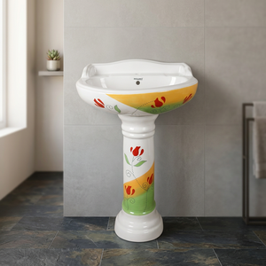 อ่างล้างหน้าเซรามิกสีชมพูขาว พร้อมฐานเต็มตัว ของตกแต่งห้องน้ำ - Product Image 3